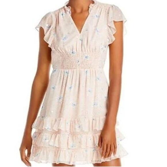 Rebecca Taylor NWT Peach Silk V-Neck Floral Smocked Flutter Sleeve Mini Dress - Picture 2 of 6